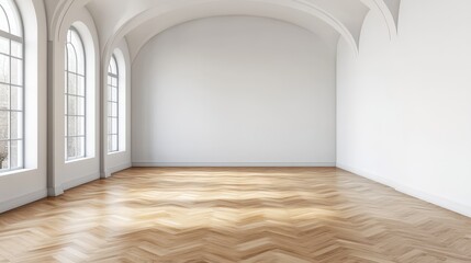 A large room with a white wall and wooden floors
