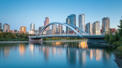 A modern bridge spans a river, framed by a city skyline at dusk.