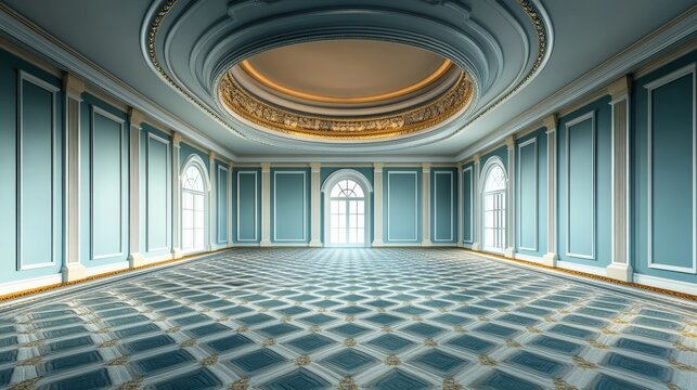 A large, empty room with a blue ceiling. The room is decorated with blue and white tiles and has a very clean and elegant appearance