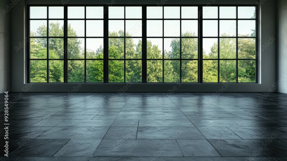 Poster a large window in a room with a view of trees