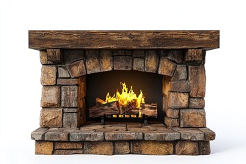 Rustic stone fireplace with a wooden mantel and burning fire isolated on white background. Generative Ai