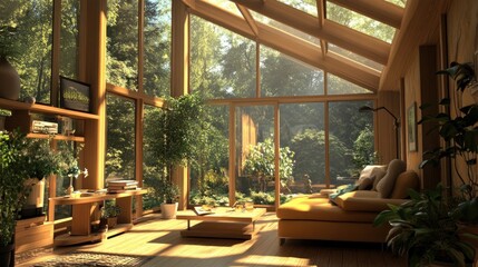 Fototapeta premium Sunlit living room with large windows and a view of a forest.