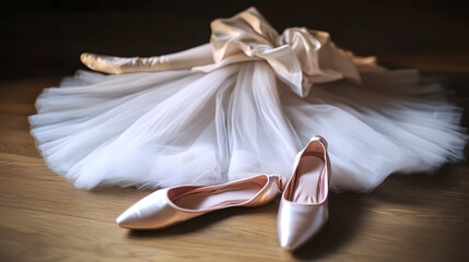 Ballet Tutu and Pointe Shoes on Wooden Floor. Horizontal.