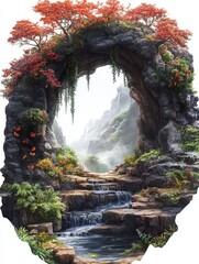 Stone Archway Leading to a Misty Mountain Valley