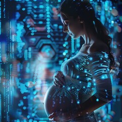 Expecting mother in a futuristic setting with digital patterns in a serene indoor environment © Dream maker