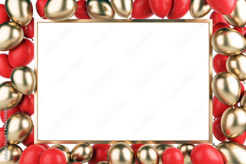 Aufkleber Rectangular frame surrounded by red and gold balloons on a white background, creating a festive and celebratory border for events. 3D Rendering