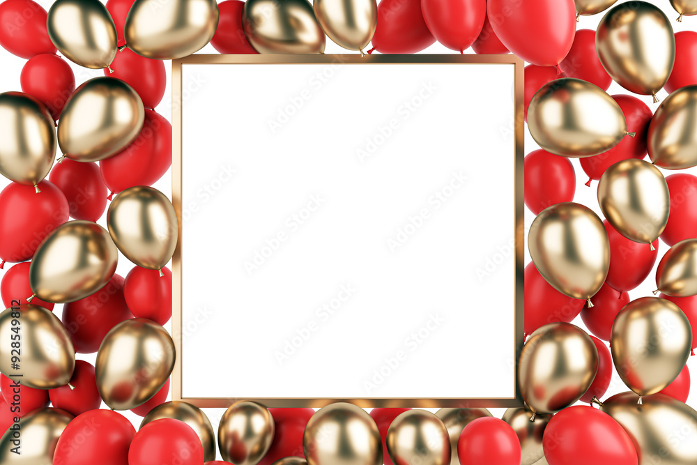 Poster red and gold balloons frame with blank space in the center, isolated on a white background. perfect 