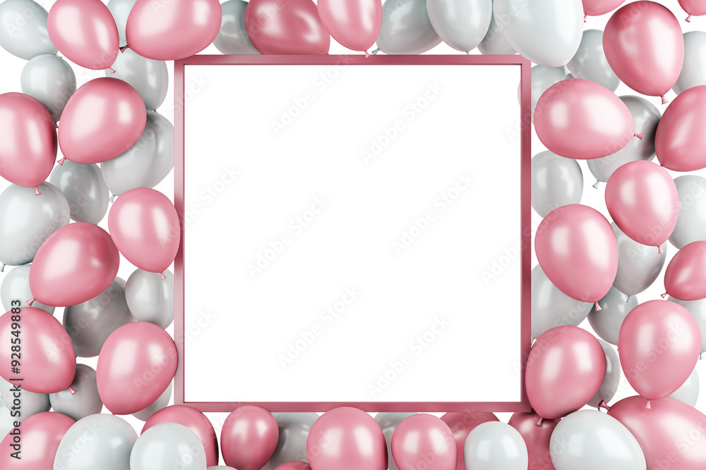 Poster Pink and white balloons surrounding a square frame with an empty center on a white background. Concept of celebration and decoration. 3D Rendering