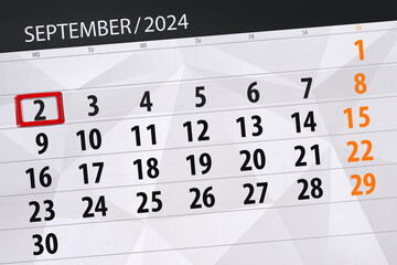 Fototapeta premium Calendar 2024, deadline, day, month, page, organizer, date, September, monday, number 2