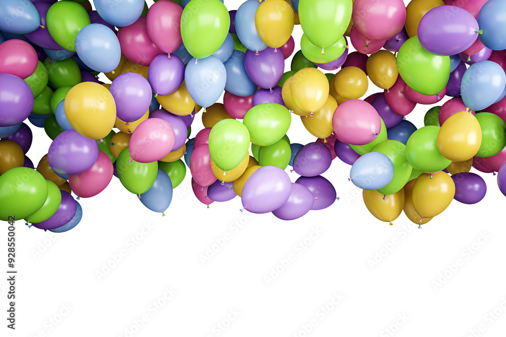Poster multicolored balloons floating against a white background. the image is clean and isolated, highligh