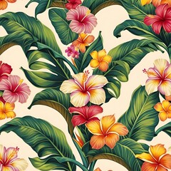 Tropical seamless pattern with tropical flowers, banana leaves generative ai