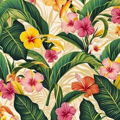 Tropical seamless pattern with tropical flowers, banana leaves generative ai