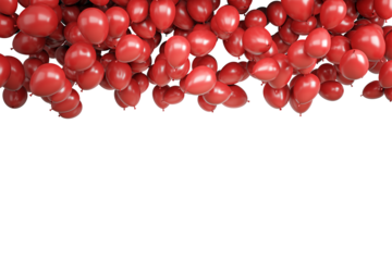 Numerous red balloons are clustered at the top of the image against a clean white background, creating a festive and celebratory atmosphere. 3D Rendering