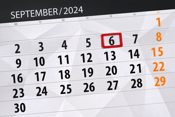 Obraz premium Calendar 2024, deadline, day, month, page, organizer, date, September, friday, number 6