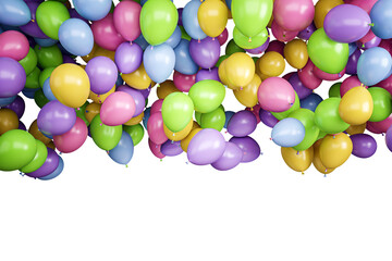 Multicolored balloons floating against a white background. The image is clean and isolated, highlighting the bright and festive balloons. 3D Rendering