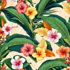 Tropical seamless pattern with tropical flowers, banana leaves generative ai
