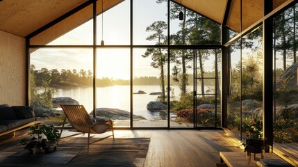 Modern cabin with large windows overlooking lake.