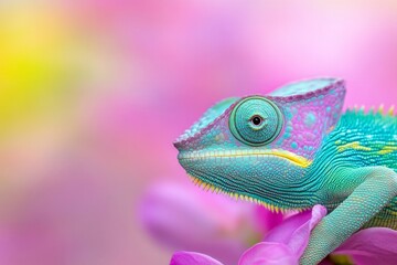 Obraz premium A vibrant chameleon displaying stunning turquoise, purple, and yellow hues, perched on a pink flower