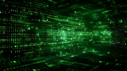 Abstract digital green code background with glowing lines and numbers.