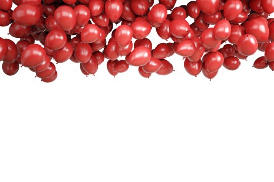 Numerous red balloons are clustered at the top of the image against a clean white background, creating a festive and celebratory atmosphere. 3D Rendering