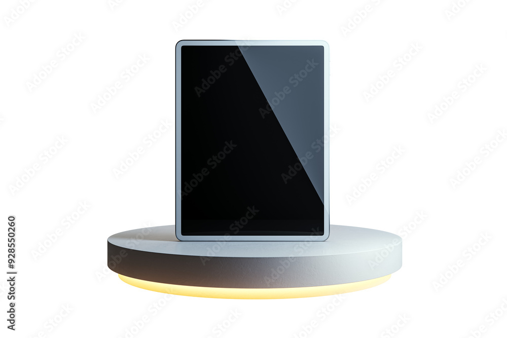 Poster A digital tablet displayed on a round pedestal with a white background. Concept of modern technology and device presentation. 3D Rendering