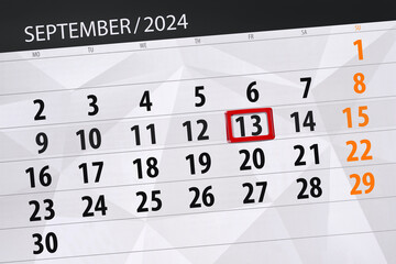 Obraz premium Calendar 2024, deadline, day, month, page, organizer, date, September, friday, number 13