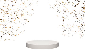 Image of a round white podium with golden confetti falling on a white background. Concept of celebration and party. 3D Rendering