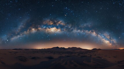 A breathtaking night sky with the Milky Way galaxy arching over a desert landscape.