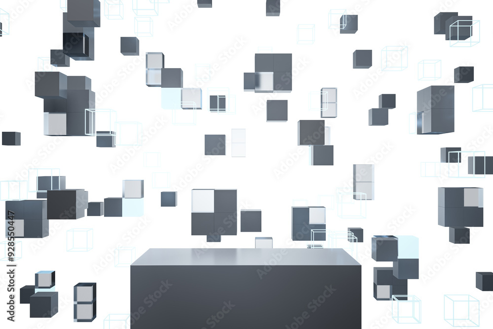 Poster abstract geometric cubes floating against a white background, with a central podium. clean design co