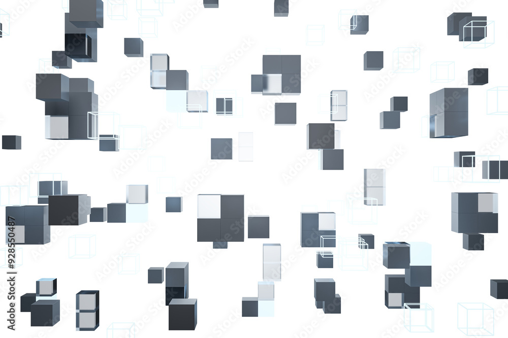 Poster Floating gray and white cubes in various positions on a white background. Abstract design. Concept of modern technology. 3D Rendering