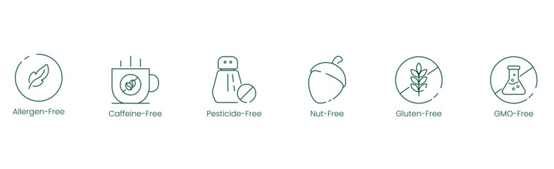 Obraz premium Allergen-Free, Caffeine-Free, Pesticides-Free, Nut-Free, Gluten-Free, and GMO-Free Vector Illustration Icon Set