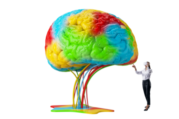 Woman using a virtual reality headset interacting with a large, colorful brain. Isolated on a white background, concept of virtual reality and mind