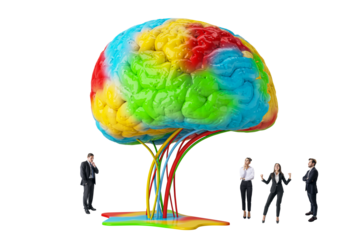 Large colorful brain with businesspeople around on isolated white background. Concept of teamwork, brainstorming, and business collaboration