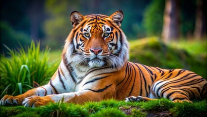 Fototapeta premium Majestic orange and black striped tiger reclines on the grass, its piercing eyes directly focused on the camera, exuding power and serenity in a tranquil atmosphere.