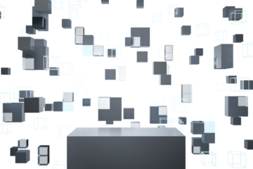 Abstract geometric cubes floating against a white background, with a central podium. Clean design concept, 3D Rendering