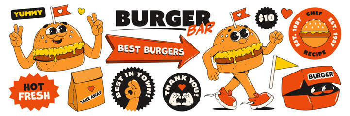 Set of burger stickers with a retro groovy style. Burger bar, cafe, fast food restaurant. Delivery and take away. Signage in the shape of an arrow. Funny comic retro design. © Alina Kolyuka