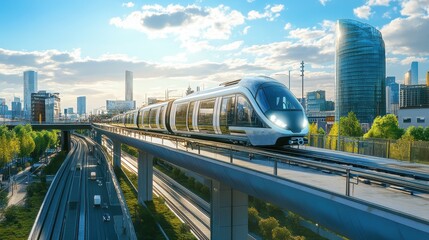 Naklejka premium A modern train travels on an elevated track in a vibrant cityscape.