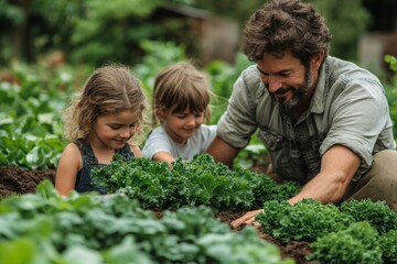 A family tending to their vegetable garden. Generative AI