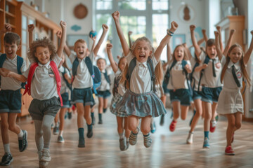 Joyful group of young students running excitedly in a school hallway, celebrating freedom or holiday.
