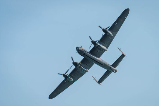 Eastbourne, Sussex, UK - 17th August 2024: Battle of Britain Memorial Flight's Avro Lancaster BII PA474 'City of Lincoln' displays at Eastbourn's Airborne airshow on 17th of August 2024.