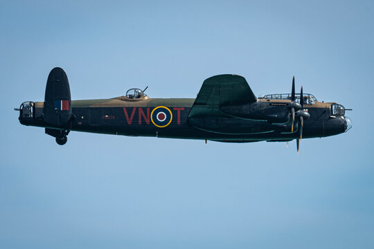 Eastbourne, Sussex, UK - 17th August 2024: Battle of Britain Memorial Flight's Avro Lancaster BII PA474 'City of Lincoln' displays at Eastbourn's Airborne airshow on 17th of August 2024.