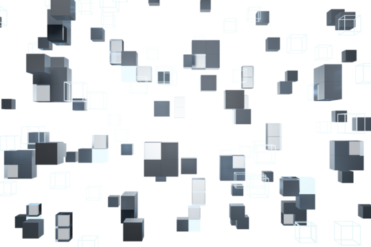 Floating gray and white cubes in various positions on a white background. Abstract design. Concept of modern technology. 3D Rendering