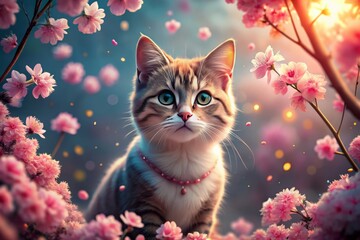 Adorable digital cat surrounded by vibrant pink cherry blossoms, petals gently falling around its glowing fur, evoking a whimsical and serene atmosphere.