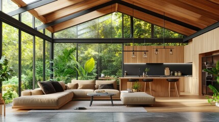 Modern living room with large windows and natural light.