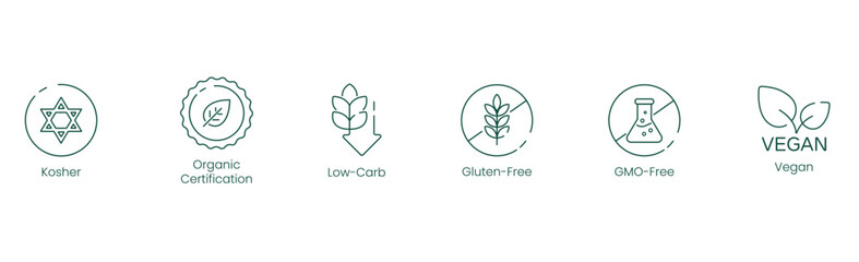 Kosher, Organic Certification, Low Carb, Gluten-Free, GMO-Free, and Vegan Vector Illustration Icon Set