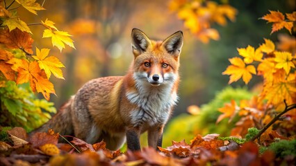 Obraz premium Vibrant red fox stands amidst autumn foliage, its bushy tail and curious gaze fixed directly at the camera, exuding wild beauty and woodland charm.