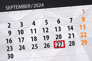 Obraz premium Calendar 2024, deadline, day, month, page, organizer, date, September, friday, number 27