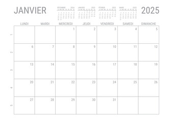 Calendrier Janvier 2025 Mensual Planificateur avec Numero de Semaine à imprimer A4	