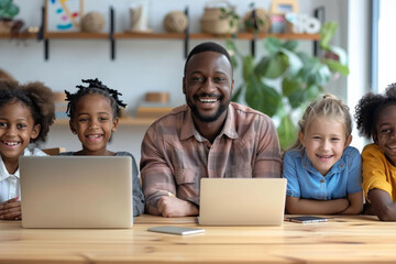 A joyful teacher with diverse young students using laptops during an engaging classroom technology session.