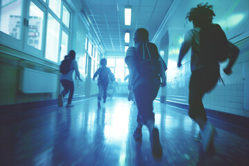 Children excitedly running down a school hallway, portraying the energy and eagerness of young students.